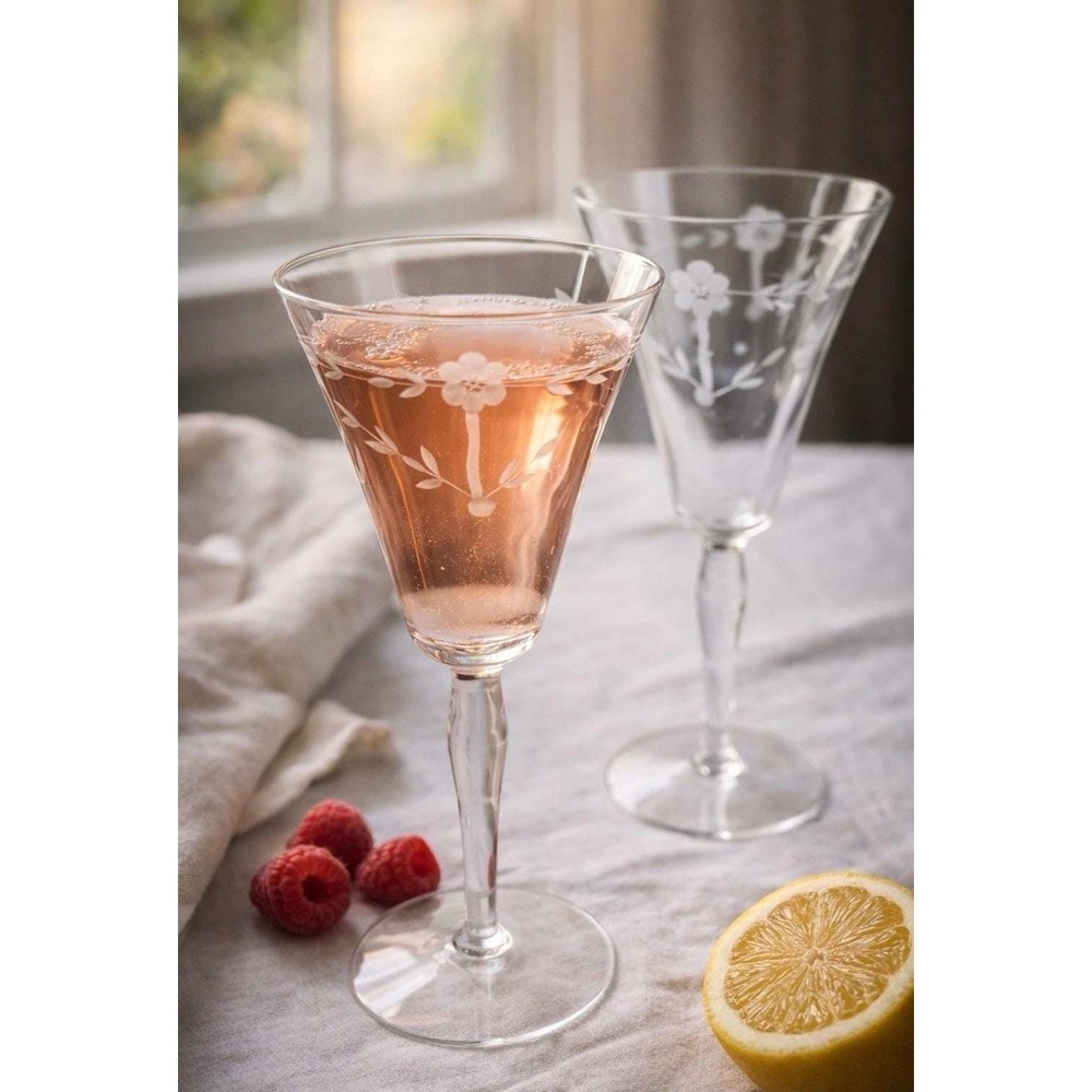 Vintage Etched Floral Cocktail Glasses Set 2 Elegant‎ Stemware Wine